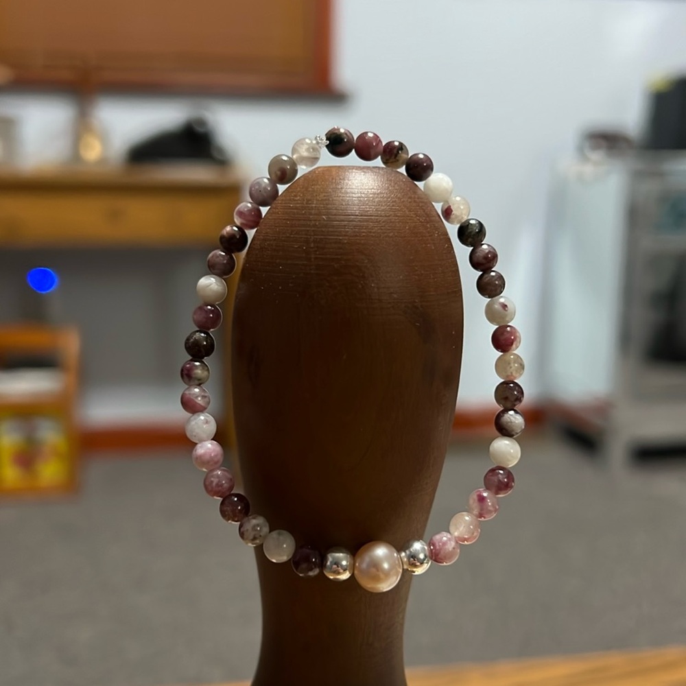 256A. Plum Flower Tourmaline Freshwater Pearl & .925 Sterling Silver Bracelet